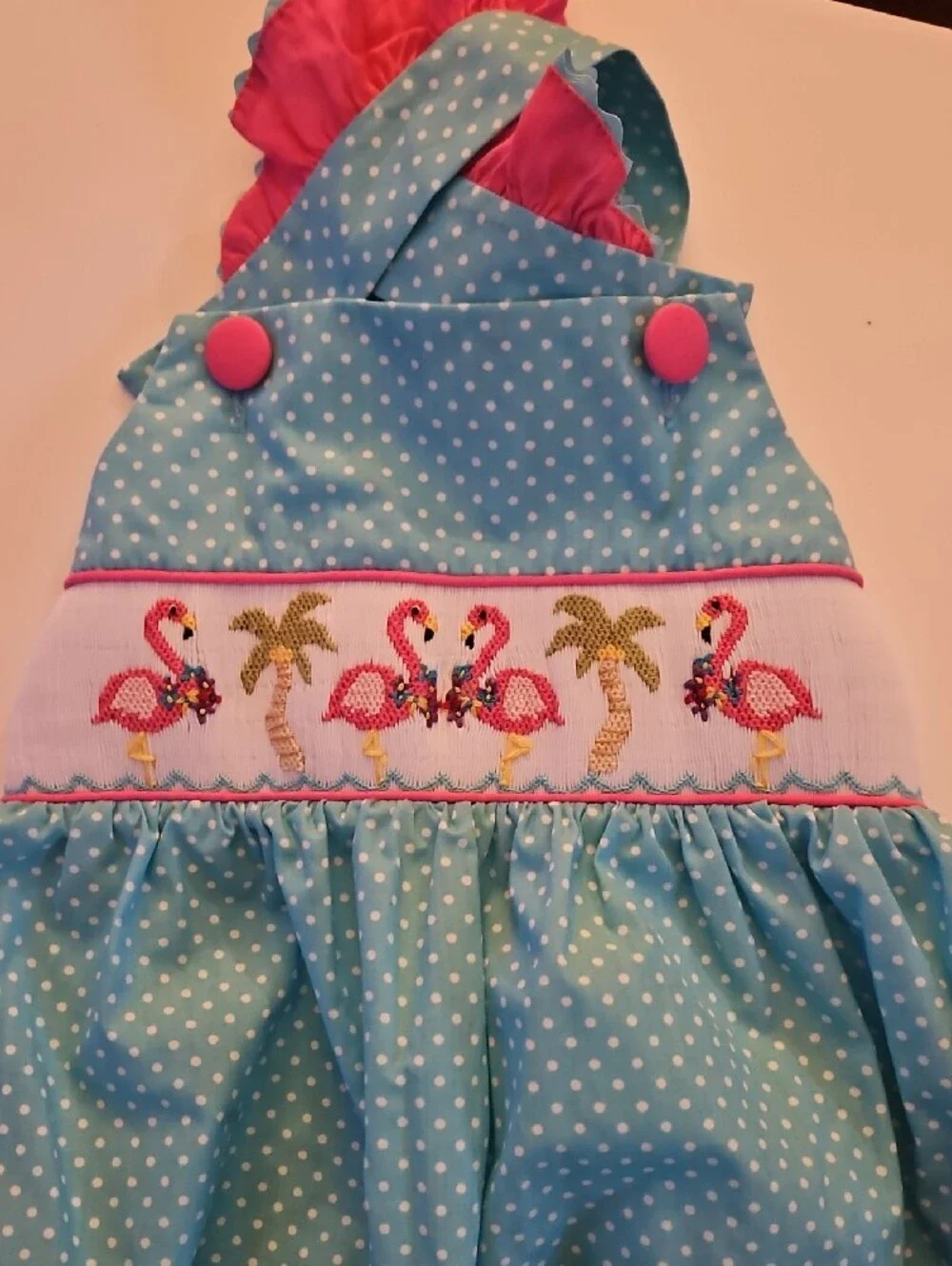 Kids Polka Dot Aqua Headband with Pink Ruffle Trim